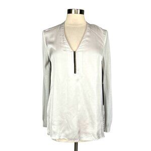 Etcetera Womens Felina Satin V Neck Beaded Blouse Gray Long Knit Sleeves size 8